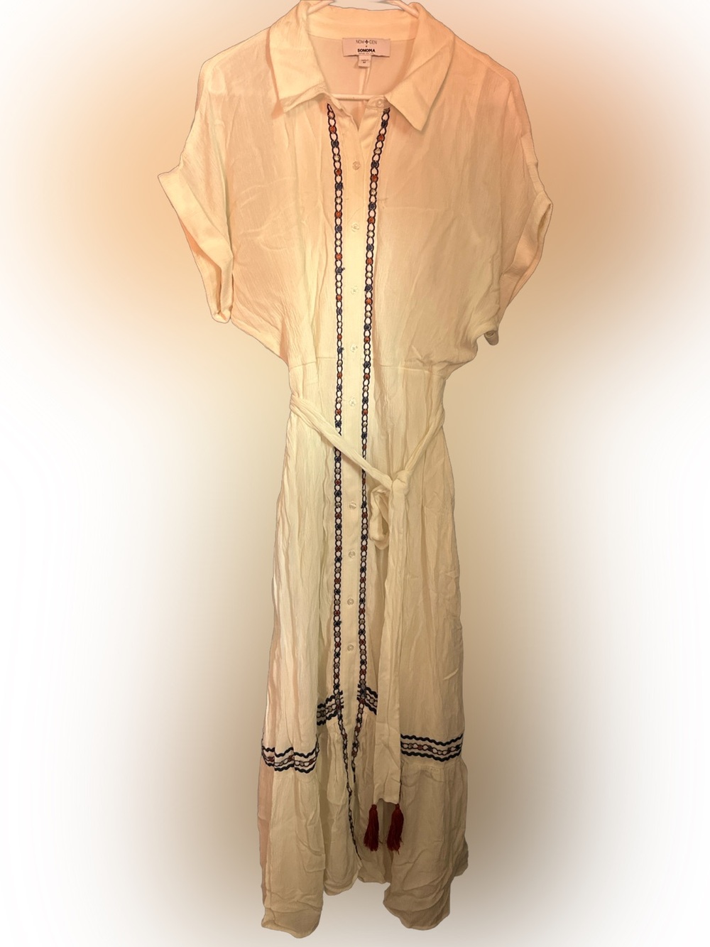 Sonoma Cream Maxi Shirt Dress with Navy Embroidered Trim and Red Tassels - Picture 8 of 9